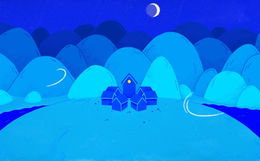 animation still showing a very small village in a clearing with mountains in background and crescent moon in the sky; everything is in shades of blue