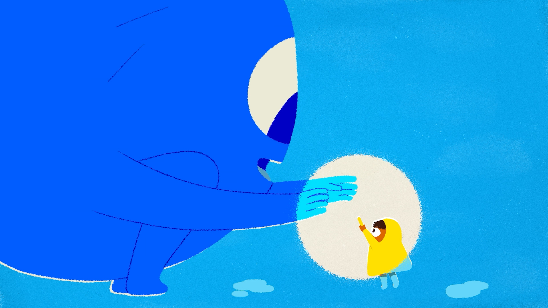 still from animated film with a small child dressed in yellow befriending a large blue creature