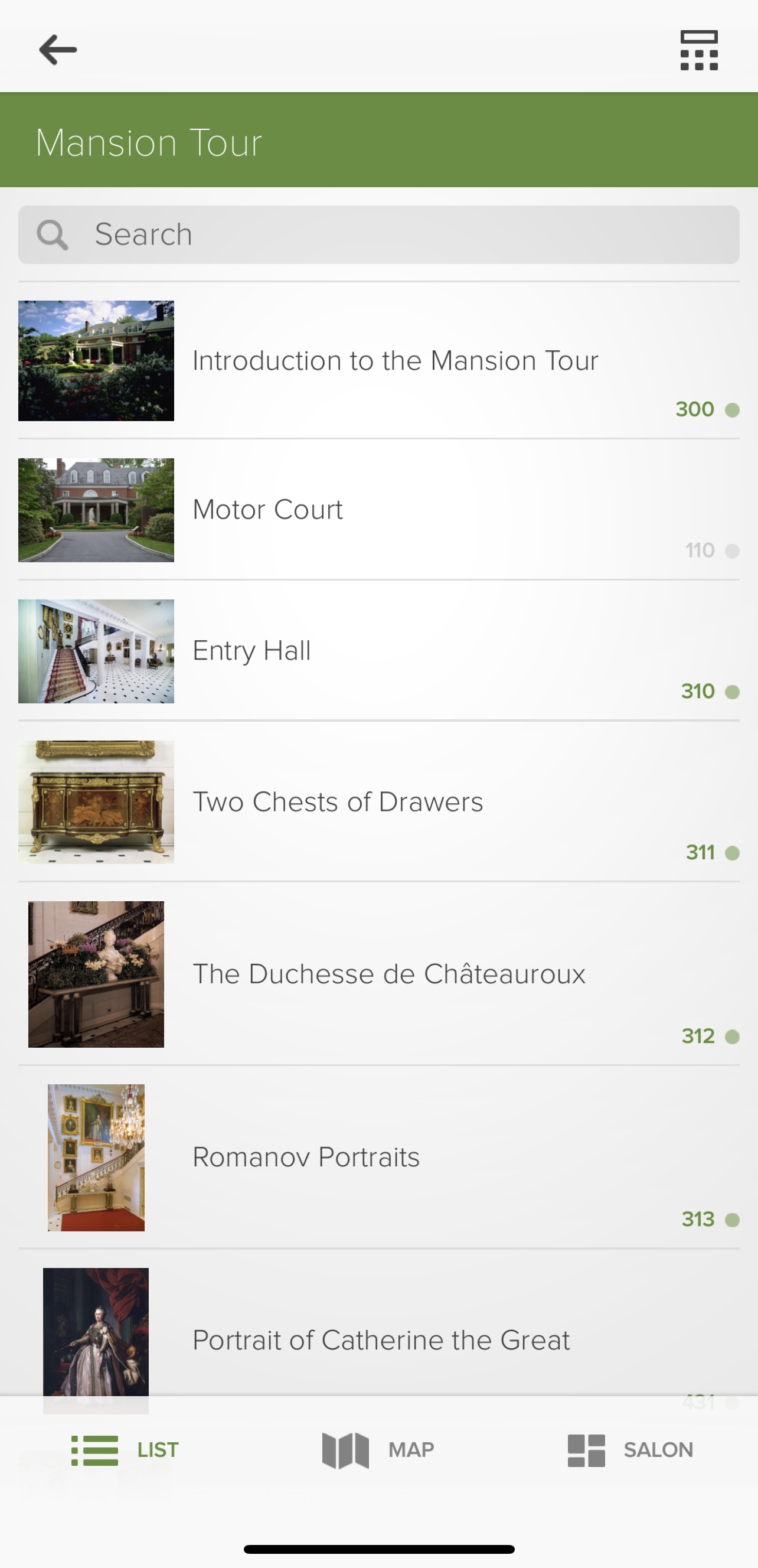 List view of the audio tour stops