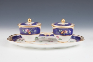 TRAY WITH ATTACHED POTS AND LIDS FROM THE MORGAN SERVICE, ONE OF TWO