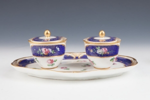 TRAY WITH ATTACHED POTS AND LIDS FROM THE MORGAN SERVICE, ONE OF TWO