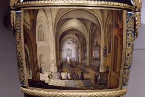 VASE WITH PAINTING OF DUTCH CHURCH INTERIOR, ONE OF TWO